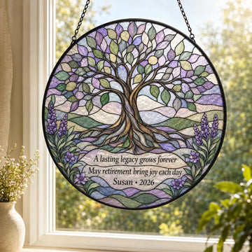 Personalized Retirement Suncatcher, Tree of Life Stained Glass Gift, Custom Retirement Window Hanging for Teacher Coworker Boss