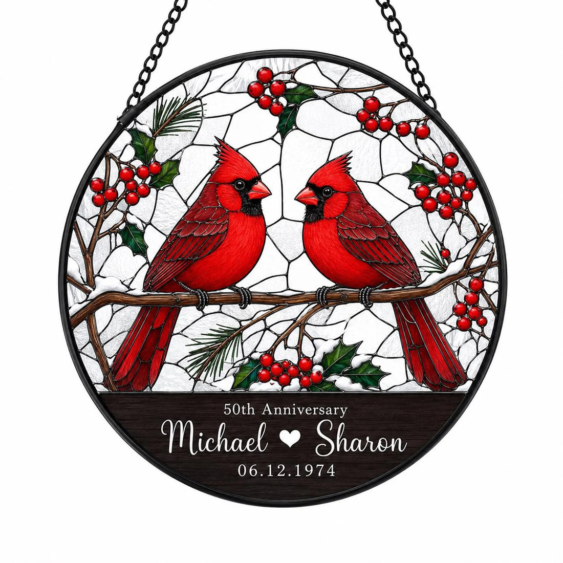 Personalized Bird Anniversary Suncatcher, Custom Couple Names & Date, Lovebirds Stained Glass Style Window Hanging, Milestone Wedding Gift