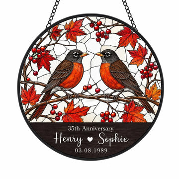 Personalized Bird Anniversary Suncatcher, Custom Couple Names & Date, Lovebirds Stained Glass Style Window Hanging, Milestone Wedding Gift