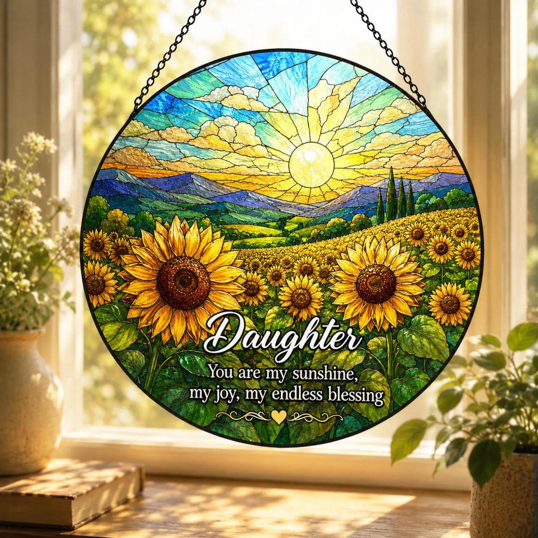 Personalized Family Tribute Suncatcher, Custom Name & Message, Scenic Stained Glass Window Hanging, Gift for Mom Dad Grandma Friend
