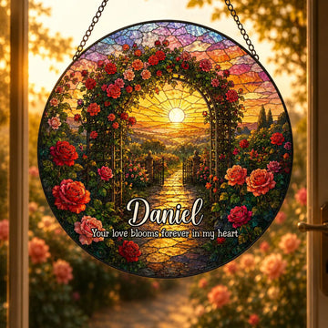 Personalized Family Tribute Suncatcher, Custom Name & Message, Scenic Stained Glass Window Hanging, Gift for Mom Dad Grandma Friend