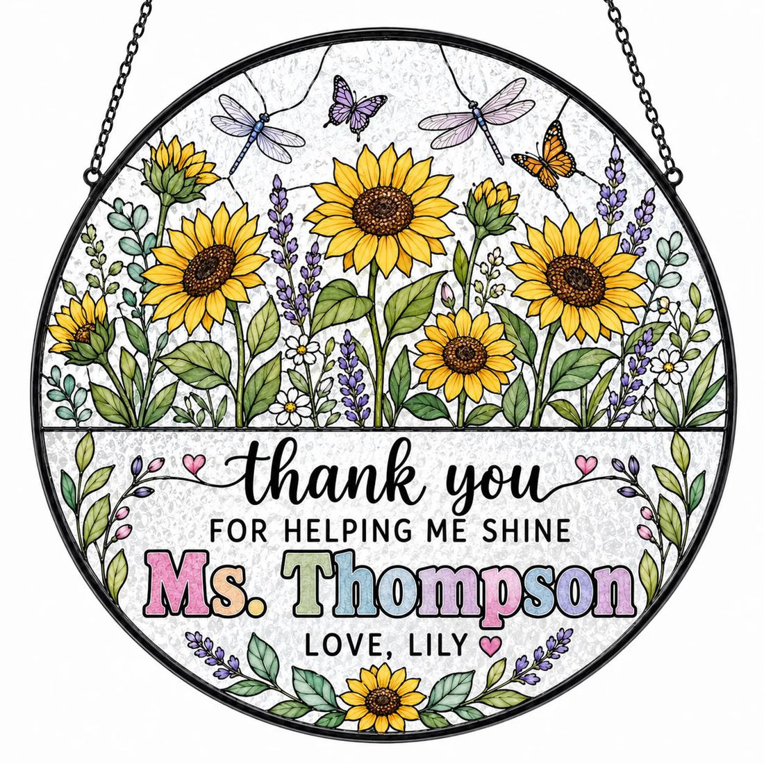 Personalized Teacher Suncatcher, Custom Name Stained Glass Flower Window Hanging, Thank You Teacher Gift from Student, End of Year Gift