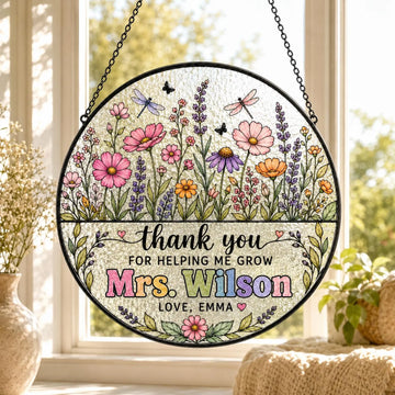 Personalized Teacher Suncatcher, Custom Name Stained Glass Flower Window Hanging, Thank You Teacher Gift from Student, End of Year Gift