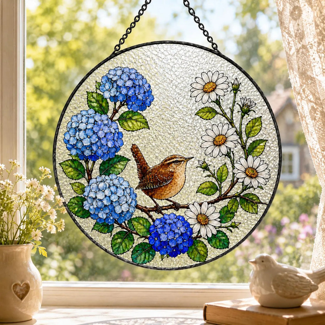 Bird Suncatcher with Flowers, Wren Stained Glass Style Window Hanging, Choose Floral Design, Cottage Garden Gift for Bird Lover
