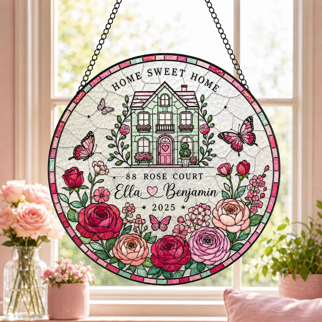 Personalized New Home Suncatcher, Custom Address Stained Glass, Housewarming Gift for Couple, Realtor Closing Gift, Home Sweet Home Decor