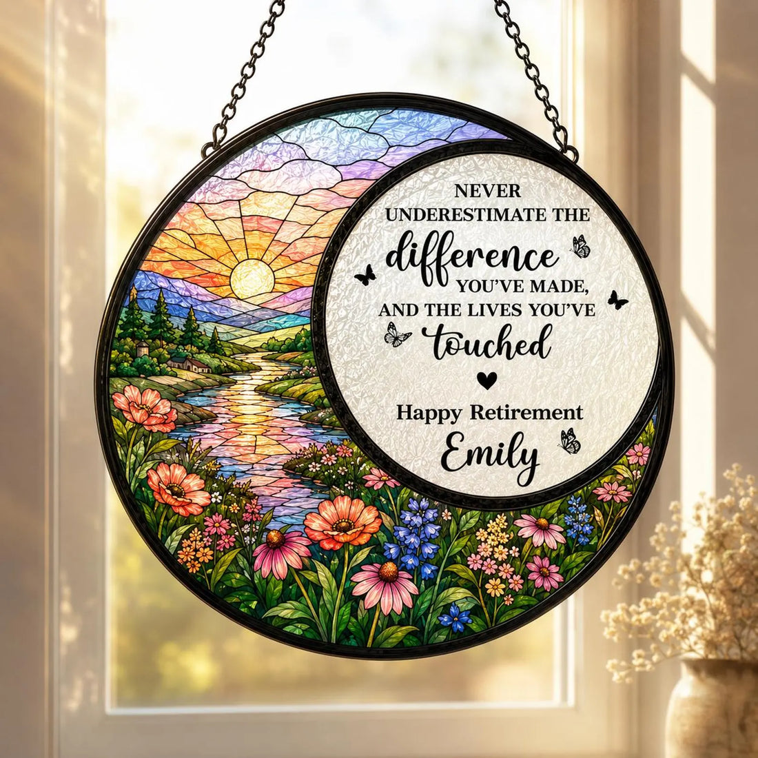 Personalized Happy Retirement Stained Glass Suncatcher, Coworker or Teacher Farewell Gift, Scenic Window Hanging, Custom Name Keepsake