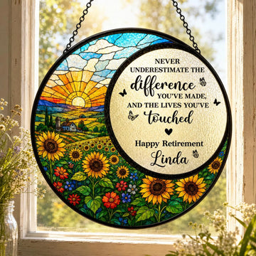 Personalized Happy Retirement Stained Glass Suncatcher, Coworker or Teacher Farewell Gift, Scenic Window Hanging, Custom Name Keepsake