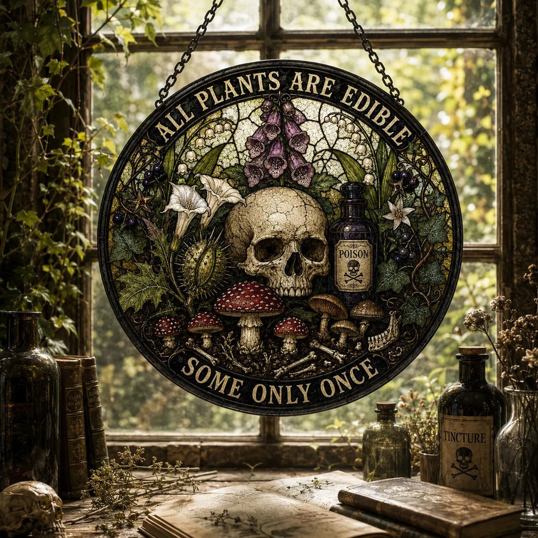 Gothic Botanical Suncatcher, Poison Garden Stained Glass Window Hanging, Skull Mushroom Decor, Halloween Gift for Plant Lover