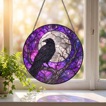 Black Raven Stained Glass Suncatcher Raven Moon Window Hanging Purple Gothic Suncatcher Crow Bird Witchy Wall Decor Halloween Gift S11