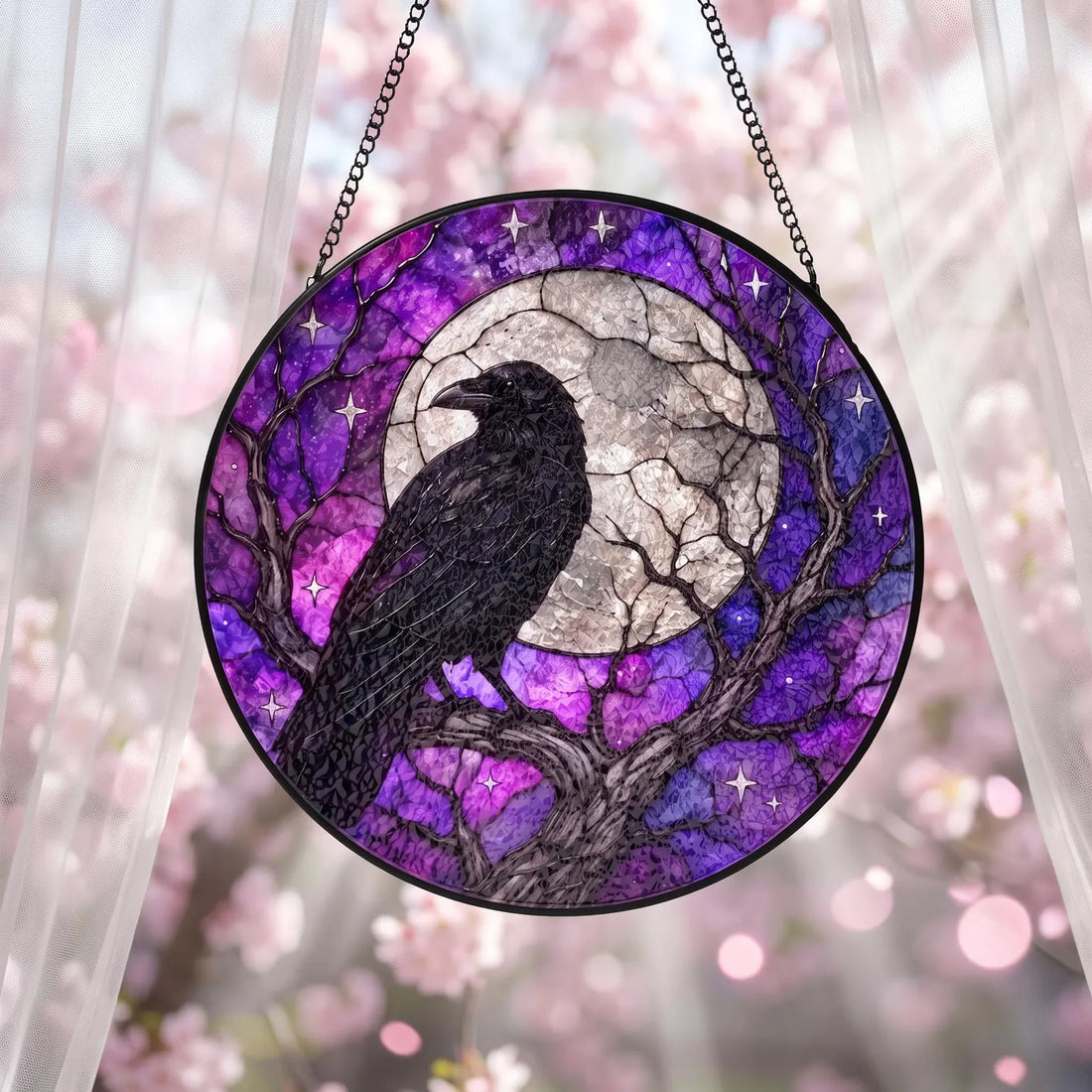 Black Raven Stained Glass Suncatcher Raven Moon Window Hanging Purple Gothic Suncatcher Crow Bird Witchy Wall Decor Halloween Gift S11