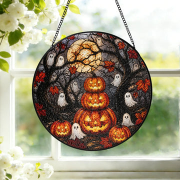 Pumpkin Ghost Stained Glass Suncatcher Pumpkin Ghost Window Hanging Gothic Fall Decor Autumn Window Art Halloween