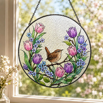 Bird Suncatcher with Flowers, Wren Stained Glass Style Window Hanging, Choose Floral Design, Cottage Garden Gift for Bird Lover