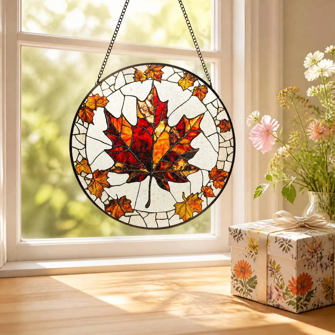 Autumn Maple Leaf Stained Glass Suncatcher, Fall Leaves Window Hanging Decor, Canadian Maple Leaf Sun Catcher, Autumn Home Decor Gift S123