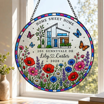 Personalized New Home Suncatcher, Custom Address Stained Glass, Housewarming Gift for Couple, Realtor Closing Gift, Home Sweet Home Decor