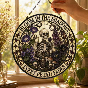 Gothic Botanical Suncatcher, Poison Garden Stained Glass Window Hanging, Skull Mushroom Decor, Halloween Gift for Plant Lover