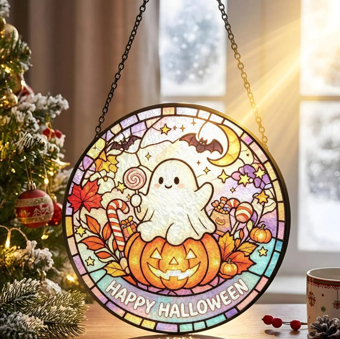 Happy Halloween Suncatcher, Cute Ghost Pumpkin Stained Glass Window Hanging, Halloween Decor for Toddler, Fall Ornament Gift for Children