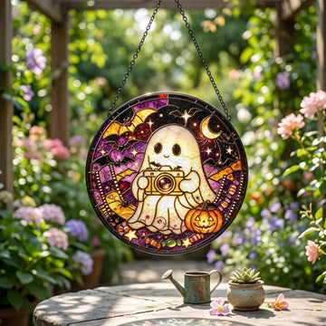 Cute Ghost Photographer Stained Glass Suncatcher, Spooky Ghost With Camera Window Hanging Decor, Pumpkin Bat Halloween Ornament Gift