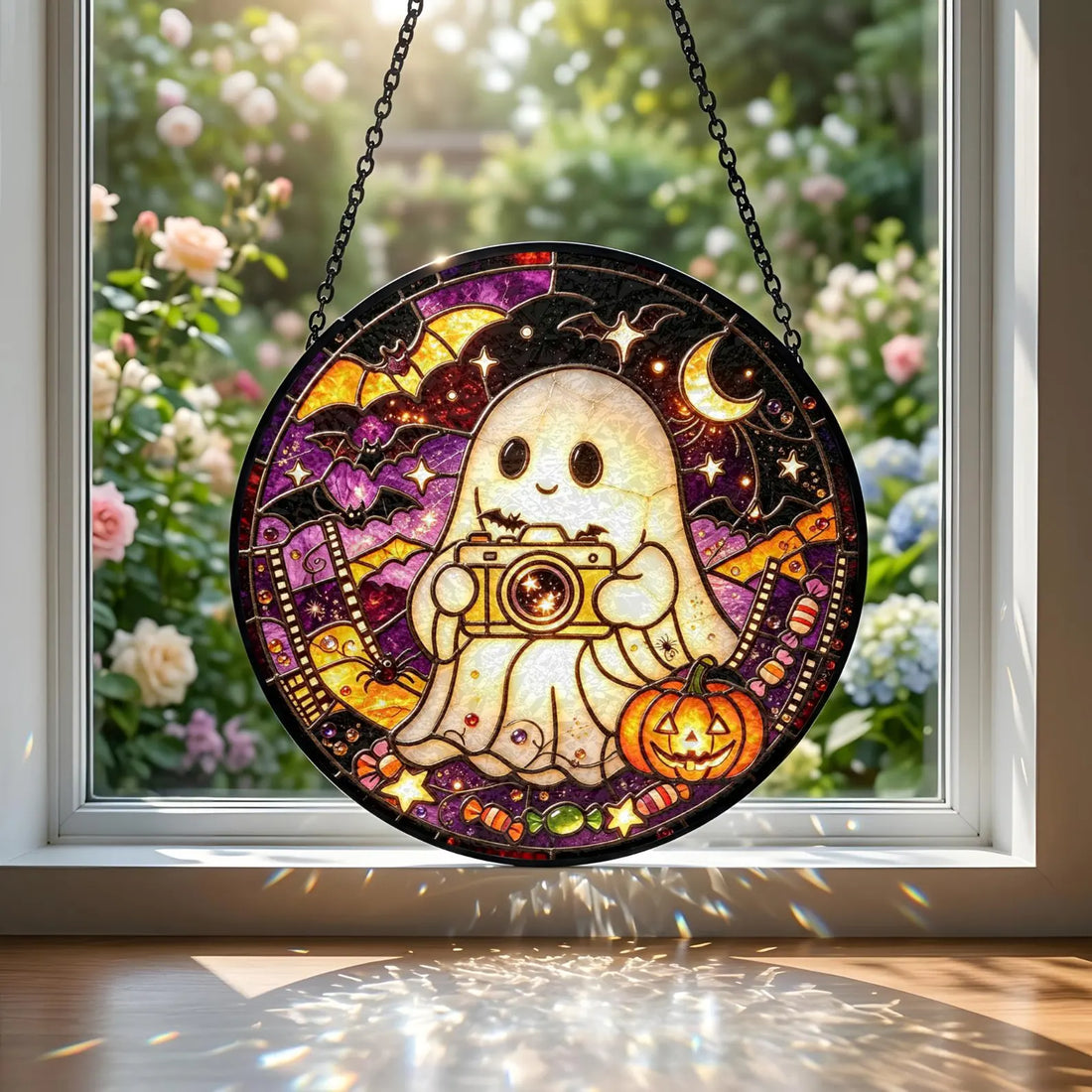 Cute Ghost Photographer Stained Glass Suncatcher, Spooky Ghost With Camera Window Hanging Decor, Pumpkin Bat Halloween Ornament Gift