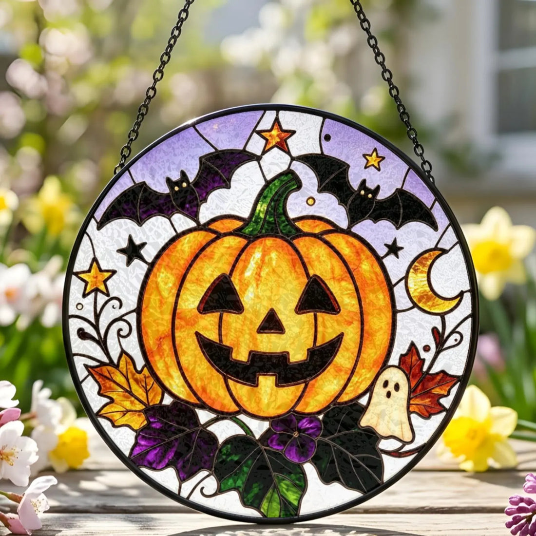Halloween Pumpkin Stained Glass Suncatcher, Bat Ghost Moon Window Hanging Decor,spooky Fall Halloween Gift