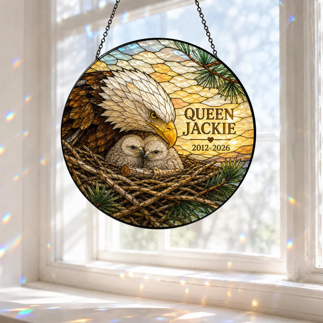 Personalized Jackie and Shadow Bald Eagles of Big Bear Lake Stained Glass Suncatcher, Sandy and Luna Gift