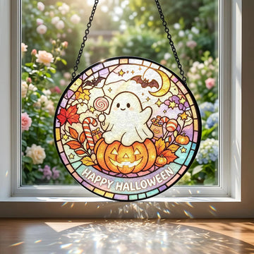 Happy Halloween Suncatcher, Cute Ghost Pumpkin Stained Glass Window Hanging, Halloween Decor for Toddler, Fall Ornament Gift for Children