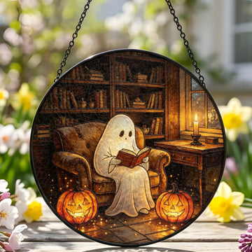 Ghost Reading Stained Glass Suncatcher, Fall Pumpkin Bookish Window Hanging, Halloween Ghost Gift, Spooky Cute Fall Home Decor