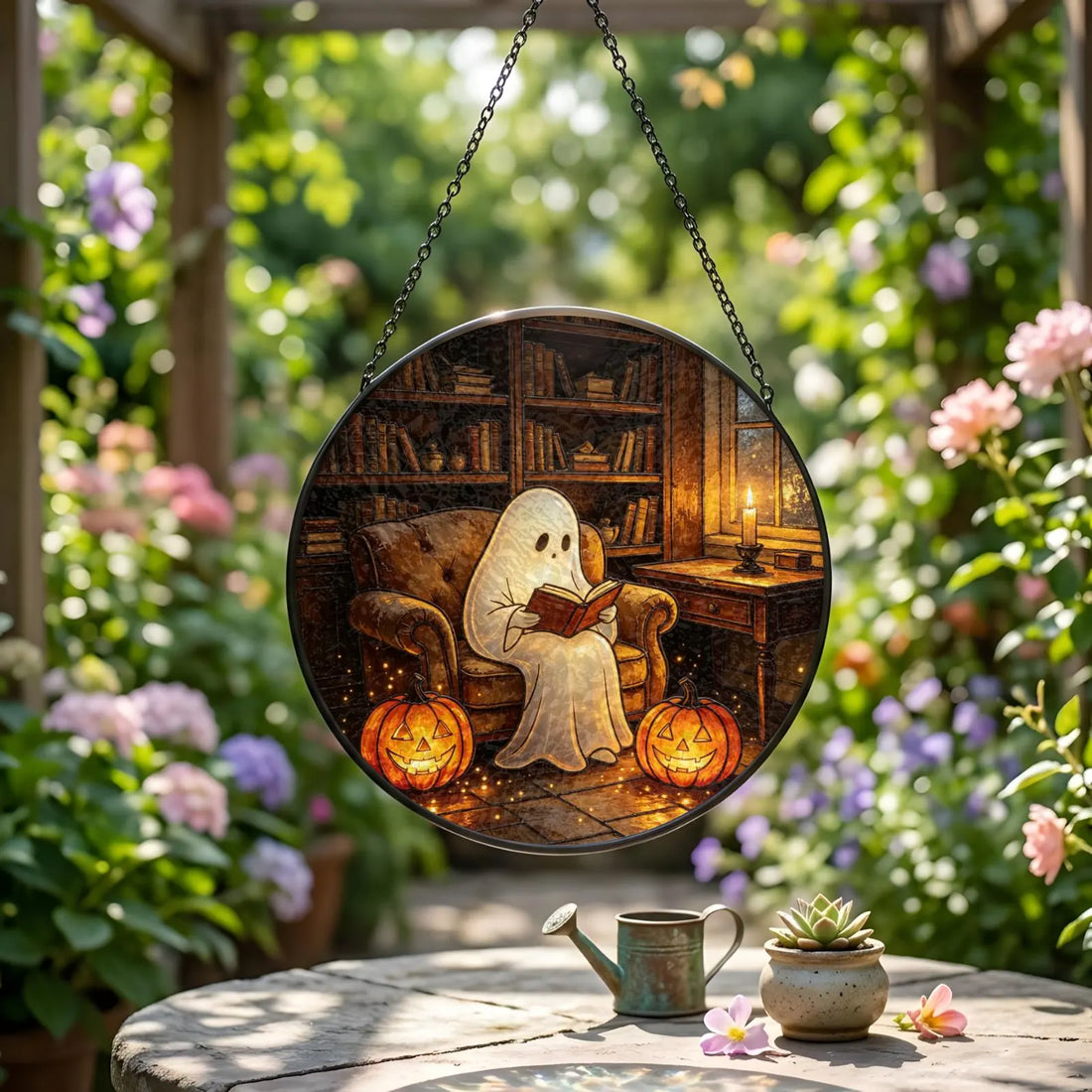 Ghost Reading Stained Glass Suncatcher, Fall Pumpkin Bookish Window Hanging, Halloween Ghost Gift, Spooky Cute Fall Home Decor