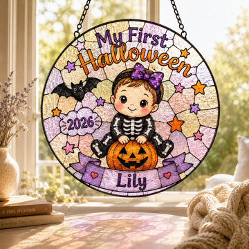 Baby Boy First Halloween Gift, Personalized Name Suncatcher with Year, Cute Pumpkin Witch Window Decor, Newborn Halloween Keepsake