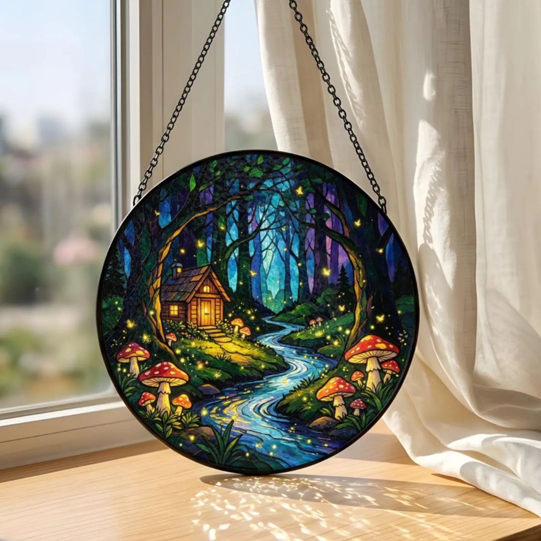 Enchanted Forest Cabin Stained Glass Suncatcher, Magical Woodland Cottage Window Hanging, Mushroom Firefly Forest Art,nature Home Decor Gift