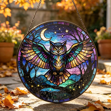 Owl Stained Glass Suncatcher, Owl Floral Window Hanging, Nature Inspired Home Decor, Handmade Gift for Owl Lovers