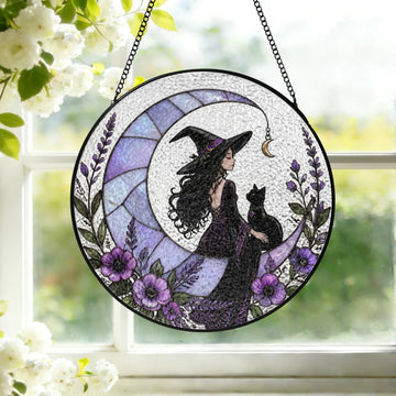 Witch Moon Stained Glass Suncatcher, Black Cat Window Hanging, Gothic Lavender Witchy Decor Gift for Her, S131