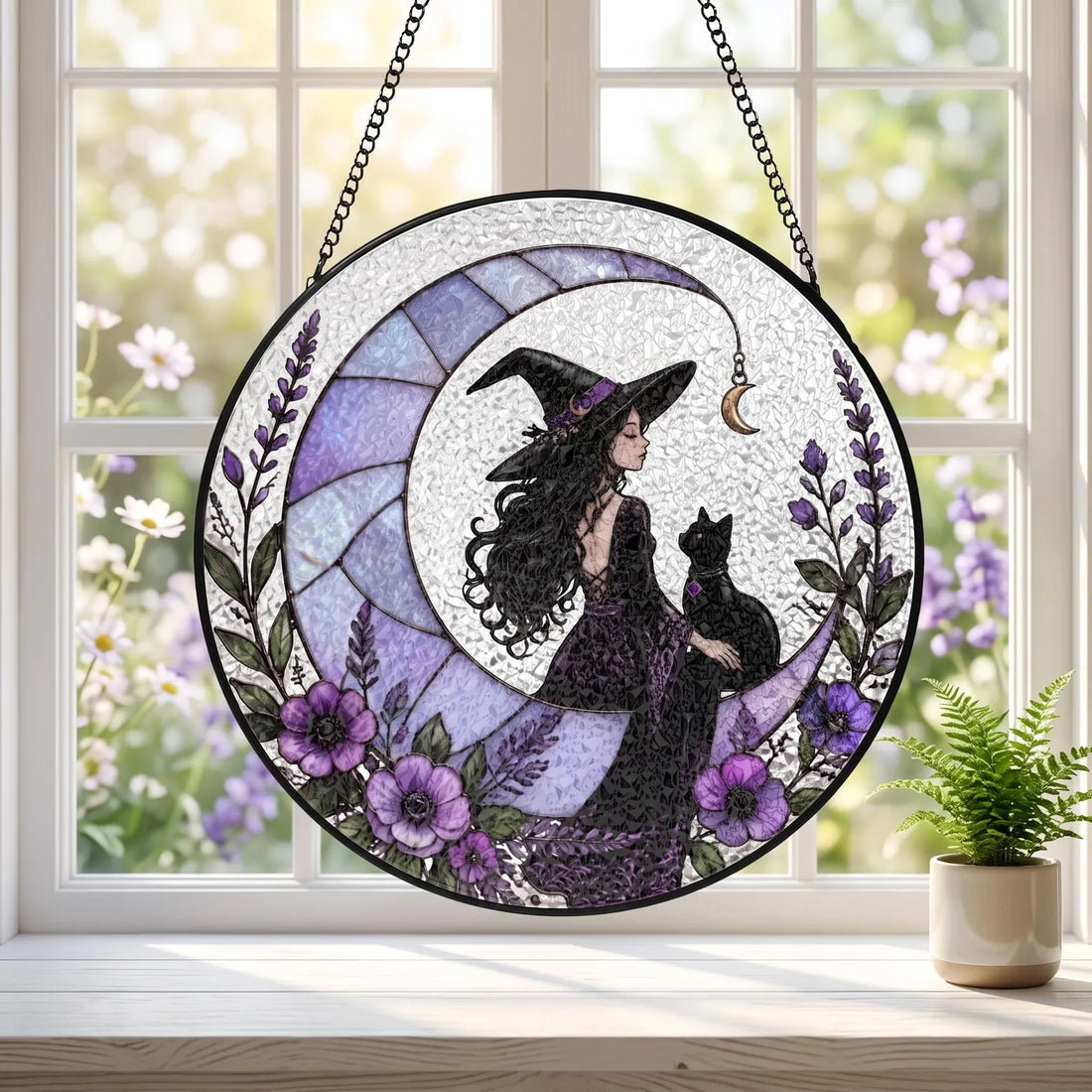 Witch Moon Stained Glass Suncatcher, Black Cat Window Hanging, Gothic Lavender Witchy Decor Gift for Her, S131