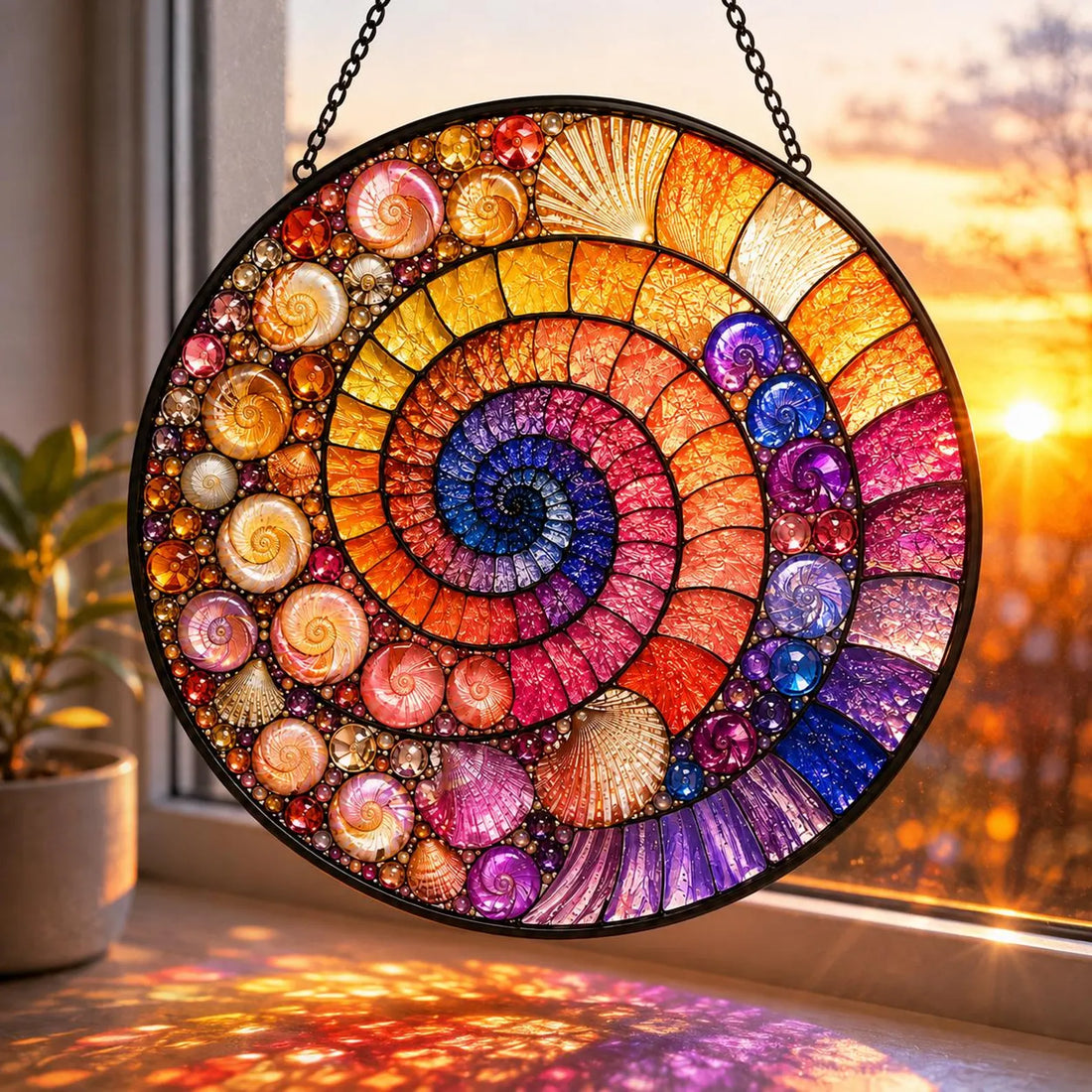Rainbow Spiral Suncatcher, Coastal Stained Glass Window Hanging, Seashell Starfish Ocean Decor, Colorful Beach House Gift