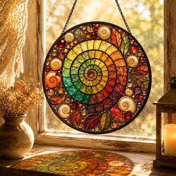 Rainbow Spiral Suncatcher, Coastal Stained Glass Window Hanging, Seashell Starfish Ocean Decor, Colorful Beach House Gift