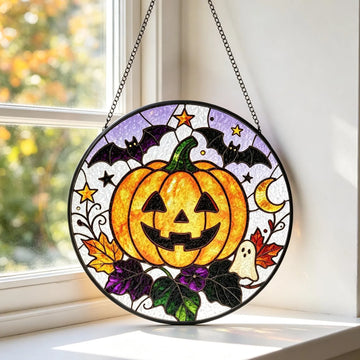 Halloween Pumpkin Stained Glass Suncatcher, Bat Ghost Moon Window Hanging Decor,spooky Fall Halloween Gift