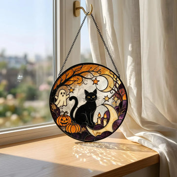 Halloween Black Cat Stained Glass Suncatcher, Spooky Ghost Pumpkin Moon Window Hanging, Gothic Home Decor, Halloween Gift