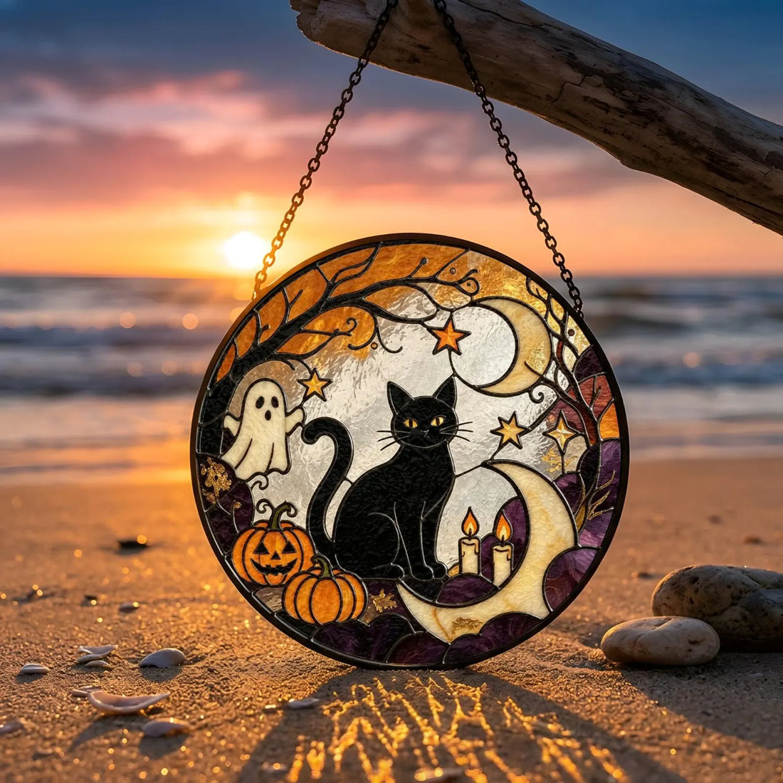 Halloween Black Cat Stained Glass Suncatcher, Spooky Ghost Pumpkin Moon Window Hanging, Gothic Home Decor, Halloween Gift