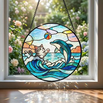 Cat Riding Shark Stained Glass Suncatcher, Funny Ocean Themed Window Hanging, Unique Cat Lover Gift, Whimsical Home Decor