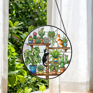 Cat Plant Stained Glass Suncatcher, Black Cat Succulent Cactus Window Hanging Decor, Plant Lover Gift, Houseplant Home Decor