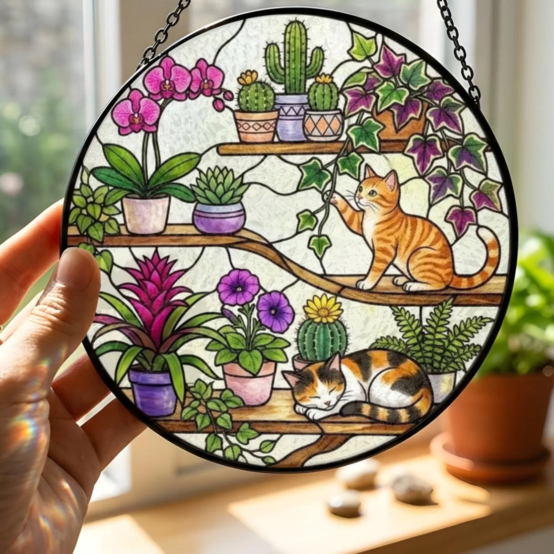 Cat Plant Stained Glass Suncatcher, Black Cat Succulent Cactus Window Hanging Decor, Plant Lover Gift, Houseplant Home Decor