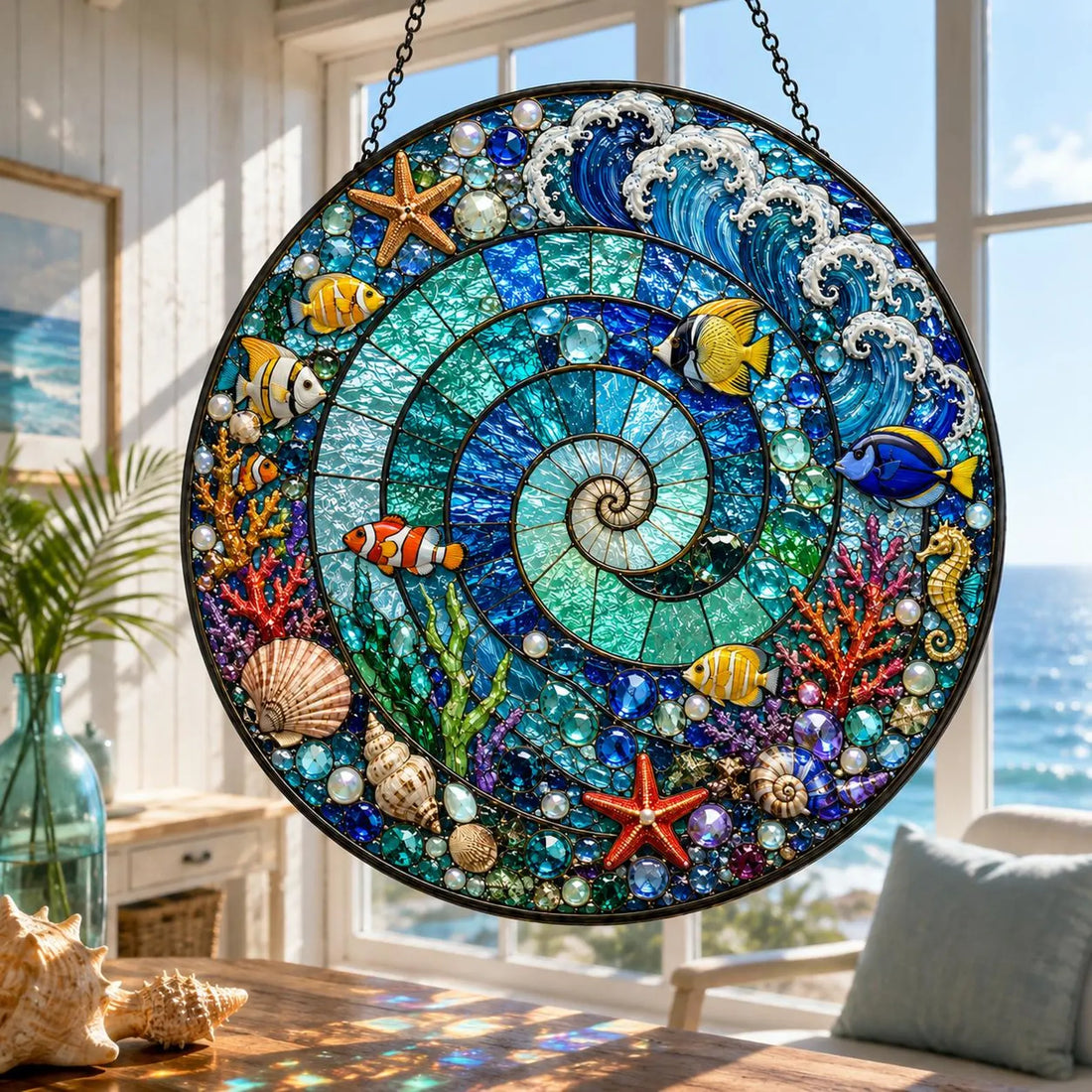 Spiral Ocean Stained Glass Suncatcher, Tropical Fish Coral Reef Window Hanging, Coastal Beach House Decor, Sea Life Gift