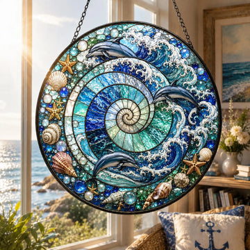 Spiral Ocean Stained Glass Suncatcher, Tropical Fish Coral Reef Window Hanging, Coastal Beach House Decor, Sea Life Gift