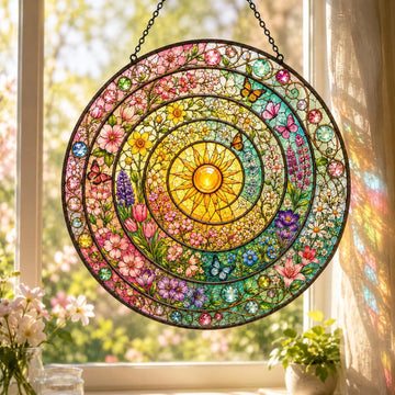 Floral Spiral Stained Glass Suncatcher, Colorful Sunflower Window Hanging, Rainbow Glass Wall Art, Botanical Housewarming Gift