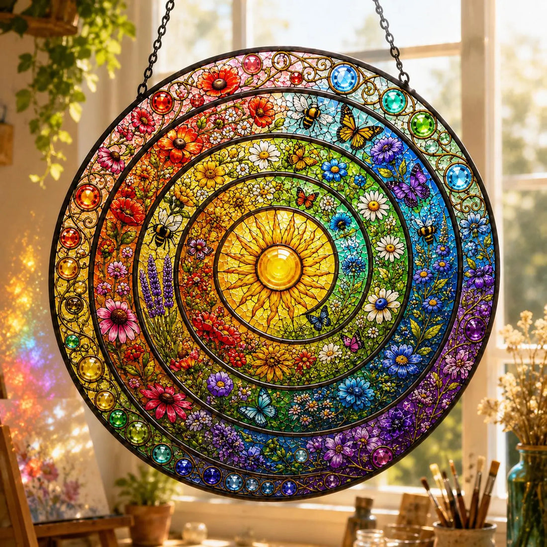 Floral Spiral Stained Glass Suncatcher, Colorful Sunflower Window Hanging, Rainbow Glass Wall Art, Botanical Housewarming Gift