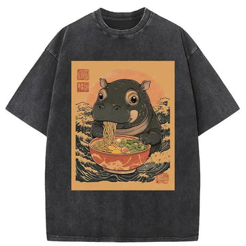 Personality fashion Moo Deng Eat Ramen Washed T-Shirt