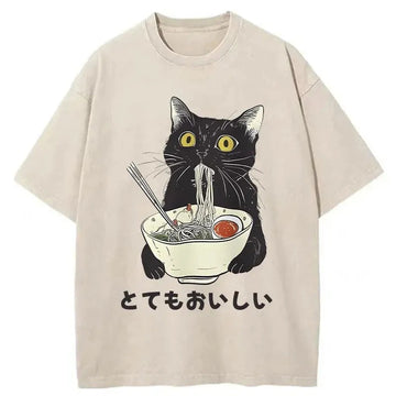Personality fashion Cats Eat Ramen Noodles Washed T-Shirt