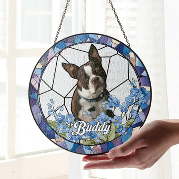 Floral Custom Pet Photo Personalized Window Hanging Stained Glass Suncatcher Gift For Pet Lovers