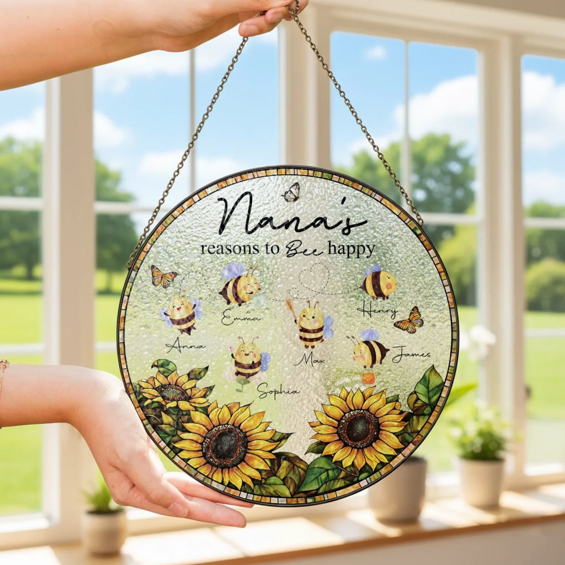 Nanas Reasons To Bee Happy Personalized Window Stained Glass Custom Mothers Day Gift For Momgrandma