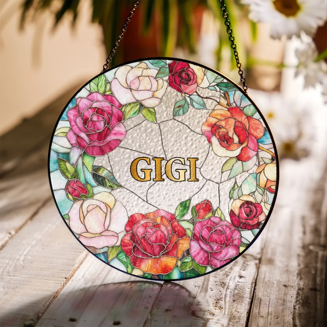 The Best Hugs Are From Nana Personalized Window Stained Glass Hanging Suncatcher Vibrant Stained Glass Flower Wreath Family Keepsake Gift
