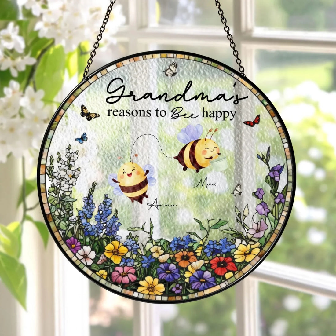 Nanas Reasons To Bee Happy Personalized Window Stained Glass Custom Mothers Day Gift For Momgrandma